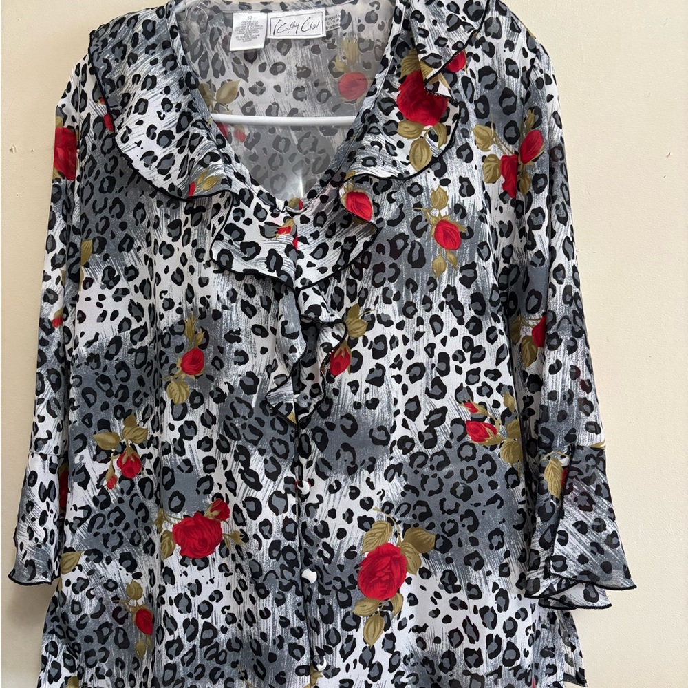 Cathy Che Floral Leopard Print 3/4 Sleeve Blouse Size 12